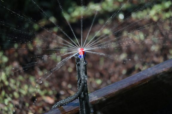 Eine farbige Spritzdüse mit Wasserstrahlen, die in verschiedene Richtungen spritzen.